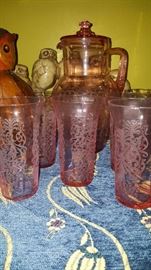 Beautiful Pink Depression Glass Pitcher, Lid & 6 Glasses