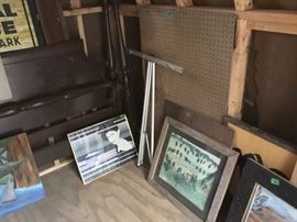 This is the second outside building - pictures, pegboard (large pice and smaller pic), a headboard/footboard/rails & mirror - all match, in dark finish.