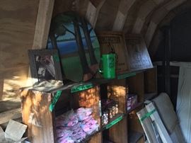 Another picture of paintings & draft board. All shelving in this smaller building are for sale and available to pick up on Sunday.
