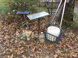 Tables, glass bottles, crate