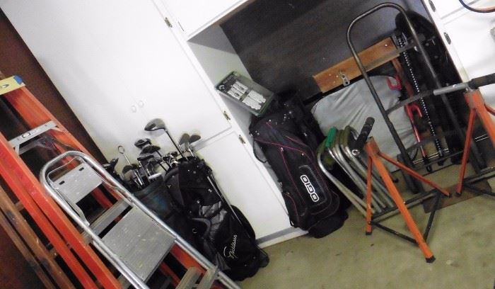 Ladders; golf clubs, bags; camping chairs