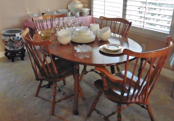 Drop leaf Maple table and four chairs; Mikasa china, crystal