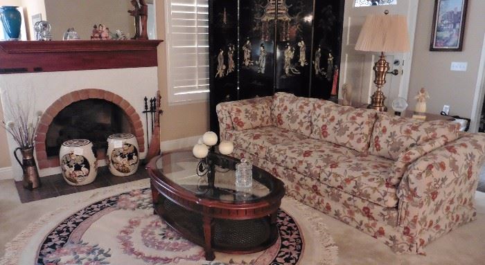 Asian inspired couch, coffee table Sold.Four panel Chinese screen, garden seats-available