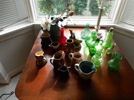 COLLECTION OF GREEN GLASS & POTTERY CREAMERS