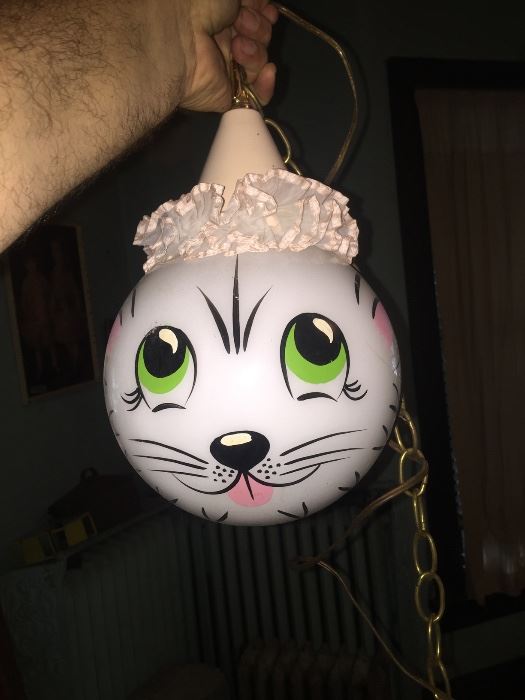 Mid century modern cat face round milk glass globe light