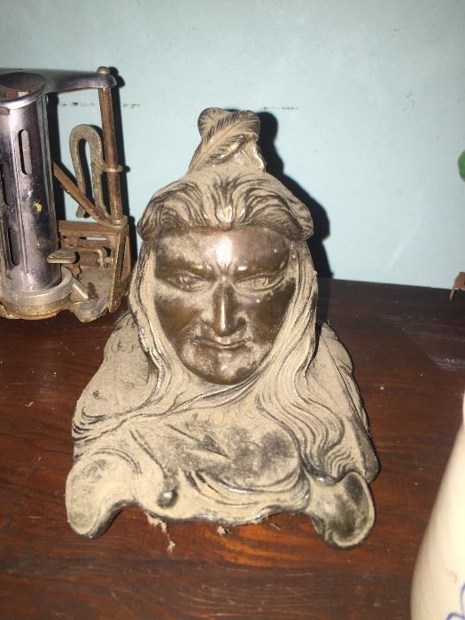 Art nouveau Indian chief head ink well with the Glass insert