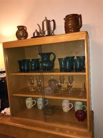 BLUE GLASS, POTTERY, METAL TEA SET
