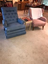 BLUE RECLINER, MID CENTURY PINK CHAIR, MID CENTURY TABLE