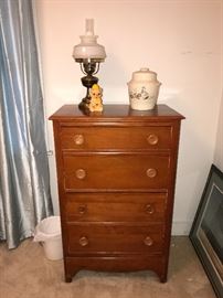 MID CENTURY CHEST OF DRAWERS, HURRICANE LAMP CONVERTED TO ELECTRIC STYLE 