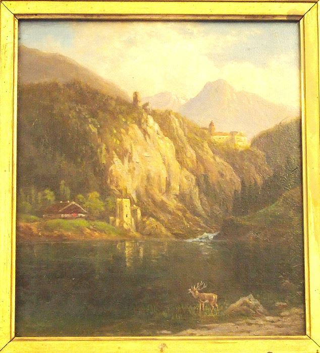 Oil on board small mountainous landscape, German