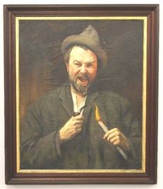American oil on canvas laid on board, self portrait "The Drinker" by Hal Laphain 