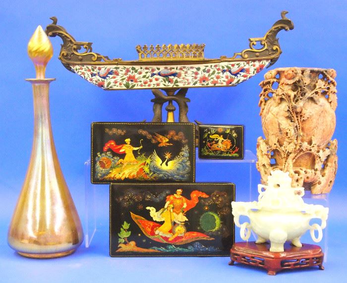 Porcelain ship, Jade Censer, Art glass decanter, 1970's  Russian lacquer boxes, 