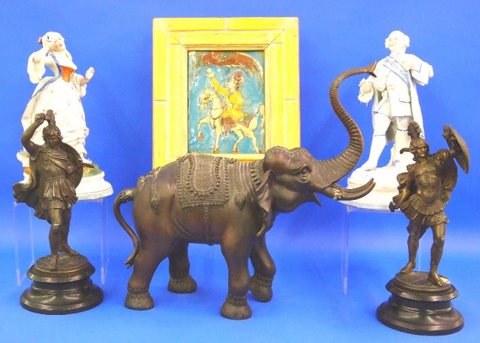  Bronze elephant, French figurines, Persian tile