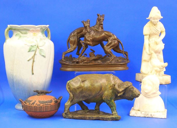 Hull vase, carved water buffalo, Spelter Greyhounds, marble sculptures 
