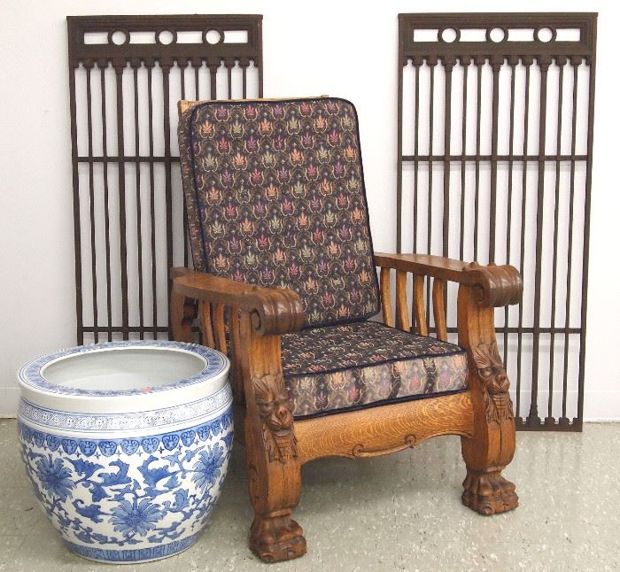 Oak Morris chair, pr. iron grates, porcelain fish bowl
