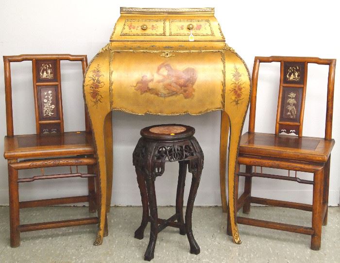 French gilt desk, Pr. Chinese side chairs, carved Chinese stand