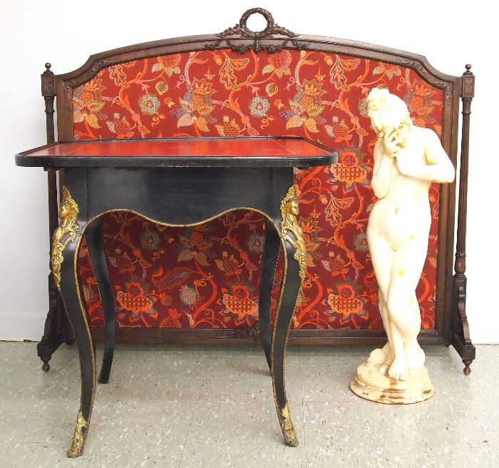 Carved fire screen, carved marble sculpture and table