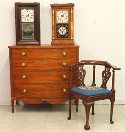 American  chest,  Mahogany corner chair, clocks