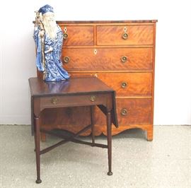Early flame birch chest, Pembroke  table and porcelain 