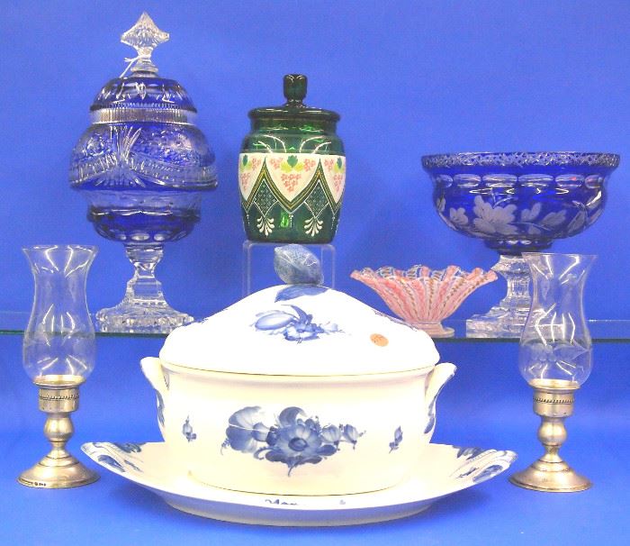 Royal Copenhagen tureen, art glass bowl, sterling candlesticks