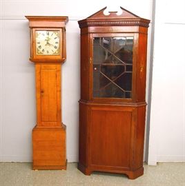 Oak grandfather clock by Woodham Hungerford, Mahogany corner cupboard