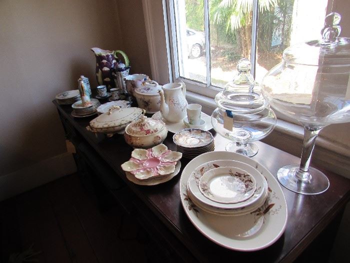 English china, vintage oyster plates, huge apothecary jars with lids, covered service dishes, vintage decorator plates, etc