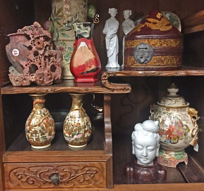 Asian Items (Satsuma, Sumida, Soapstone, Blanc-de-Chine Porcelain) in a Japanese Tansu Cabinet