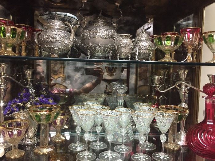 Continental Glass and Silver: Dutch Silver Tea Set, Moser Glass, Baccarat Decanter, Venetian Stemware Set.