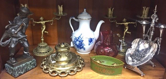 A Selection of Objects: Royal Copenhagen Porcelain, Chinese Bronze Sculpture, Victorian Silver Plated Peanut Scoop, Brass Inkwell, Tole Inkwell, and more.