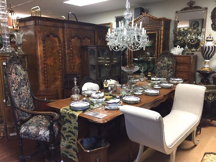 Val-St-Lambert Chandelier, French Provincial Dining Table, Directoire-style Bench, English Burlwood Armoire, Pair of Jacobean-style Armchairs.