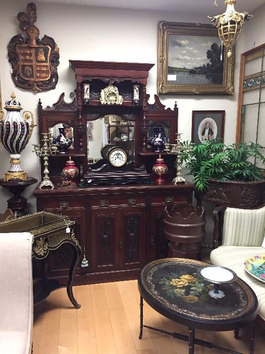 Victorian Cherry Cabinet and Lacquer Tray Table, French Boulle Planter, Marble and Slate Clock, Coat of Arms, Continental Oil Painting.