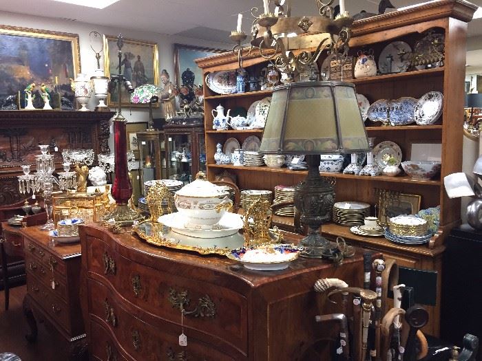 18th century Italian Bombé Commode, Vintage French Vaisellier, numerous Plates and Dishes.