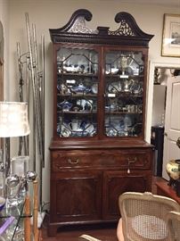18th century English Georgian Secretary filled with Sterling Silver, Flow Blue, and Transferware. Mid-Century Italian "Giraffe" Lamp to the left.