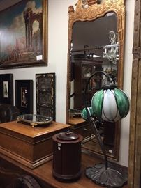 Vintage Queen Anne style Mirror, Antique Handel Lily Lamp, Dresser Tray, Regina Music Box
