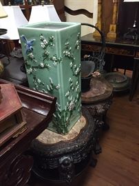 Numerous Chinese Hand-carved Teakwood Tables, Celadon Umbrella Stand.