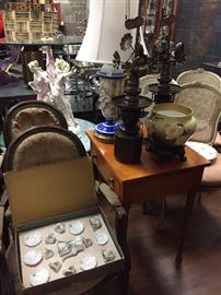 American Cherry Stand, Child's Porcelain Tea Set, Pair of French Fauteuil Armchairs, French Side Chairs, various Table Lamps.