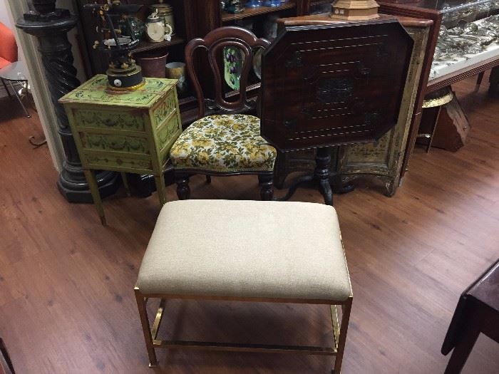 Vintage Brass Stool, Tilt-top Table, Pair of Victorian Side Chairs, Green painted Stand, Sextant Lamp, Green Marble Pedestal (several available).