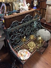 Cast Iron Garden Bench (Several available in various patterns), Carved French Day Bed, Four Bronze Sconces (only one visible here)