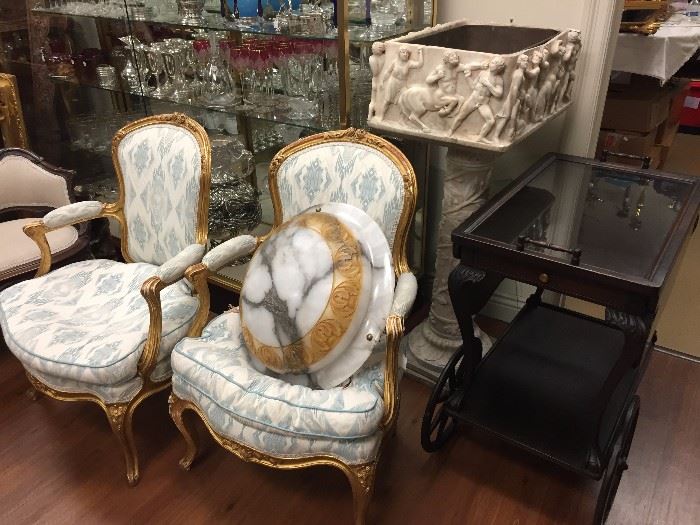 Pair of French Gilt-wood Fauteuil Armchairs, Alabaster Hanging Fixture, Antique Marble and Alabaster Planter with "Battle of the Centaurs" relief, Vintage Tea Cart.