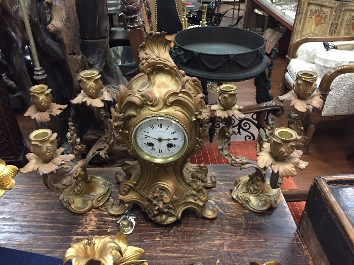 Antique French Bronze 3-pc. Rococo Clock Set.