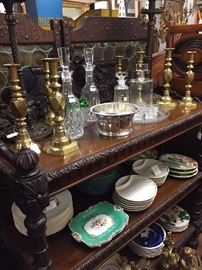 English Brass "Diamond" pattern Candlesticks (set of 8), Crystal Decanters by Moser and Waterford, Various Plates and Dish Sets.