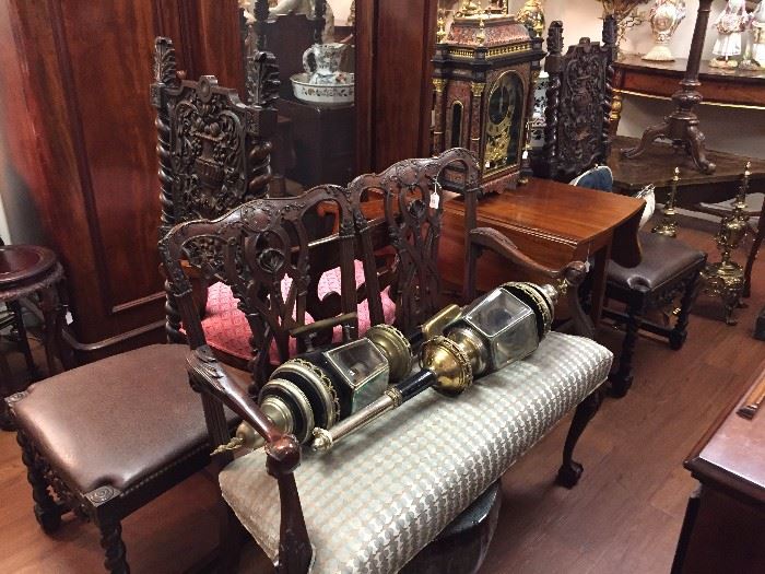 Pairs: William & Mary Style Hall Chairs, Chippendale Benches (only one visible here), English Carriage Lanterns. A French Boulle Inlay Clock, early American Pembroke Table.