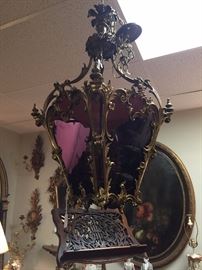 French Rococo Hanging Lantern Fixture with Amethyst Glass.
