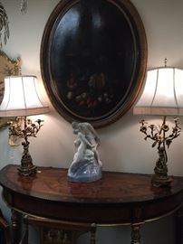 Pair of 17th-century Italian Oval Still Lifes, Pair of Floral Lamps, Pair of Vintage Edwardian-style Demilune Console Tables, a Royal Copenhagen Poreclain Sculpture.