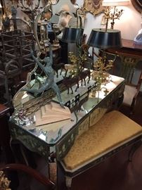 Vintage Mirrored Dressing Table with Bench, Art Deco Sculpture, French Bronze Bouillotte Lamp.