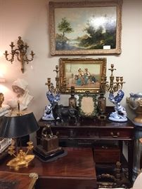 Landscape Oil Painting, Single Sconce, Marble Bust of a Mother and Child, Italian Watercolour, Gallé Faïence & Bronze Lion Candelabra, another French Bouillotte Lamp, Chinese Chippendale Mahogany Server.