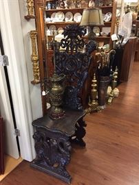 Italian Carved Hall Chair, Pair of Spanish Gilt-wood Columns, French Bronze Lamp.