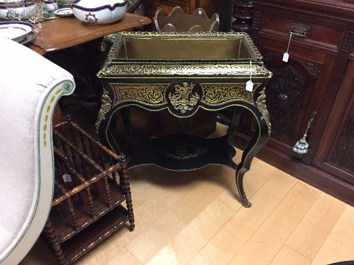 French Boulle Inlay Jardiniere, English Rosewood Canterbury.