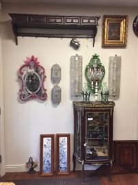 Venetian Mirrors, Small Pair of Art Deco Beaded Sconces, Modernist Glass Sconces, Pair of Grand Tour Bronze and Glass Vases, Pair of Delft Blue and White Framed Tiles, Cast Iron Doorstop.