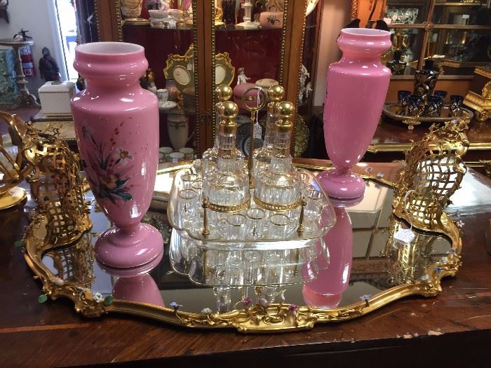 French 4-bottle Liqueur Set, Pair of Pink Bristol Glass Vases, fabulous Ormolu Rococo Mirrored Plateau